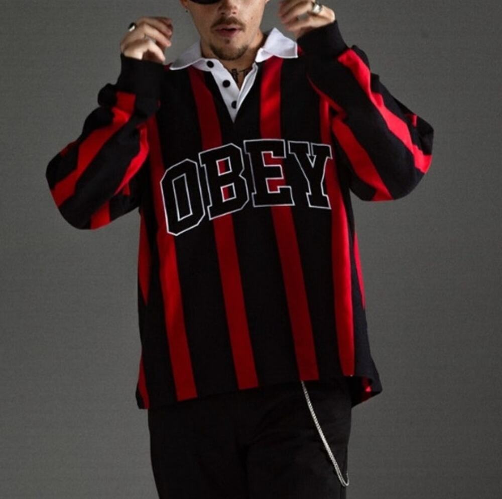 Obey Stripe Landon Black Red Long Sleeve Polo Shirt Mens Size S